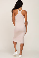 Cream Ribbed Fitted Sleeveless Dress