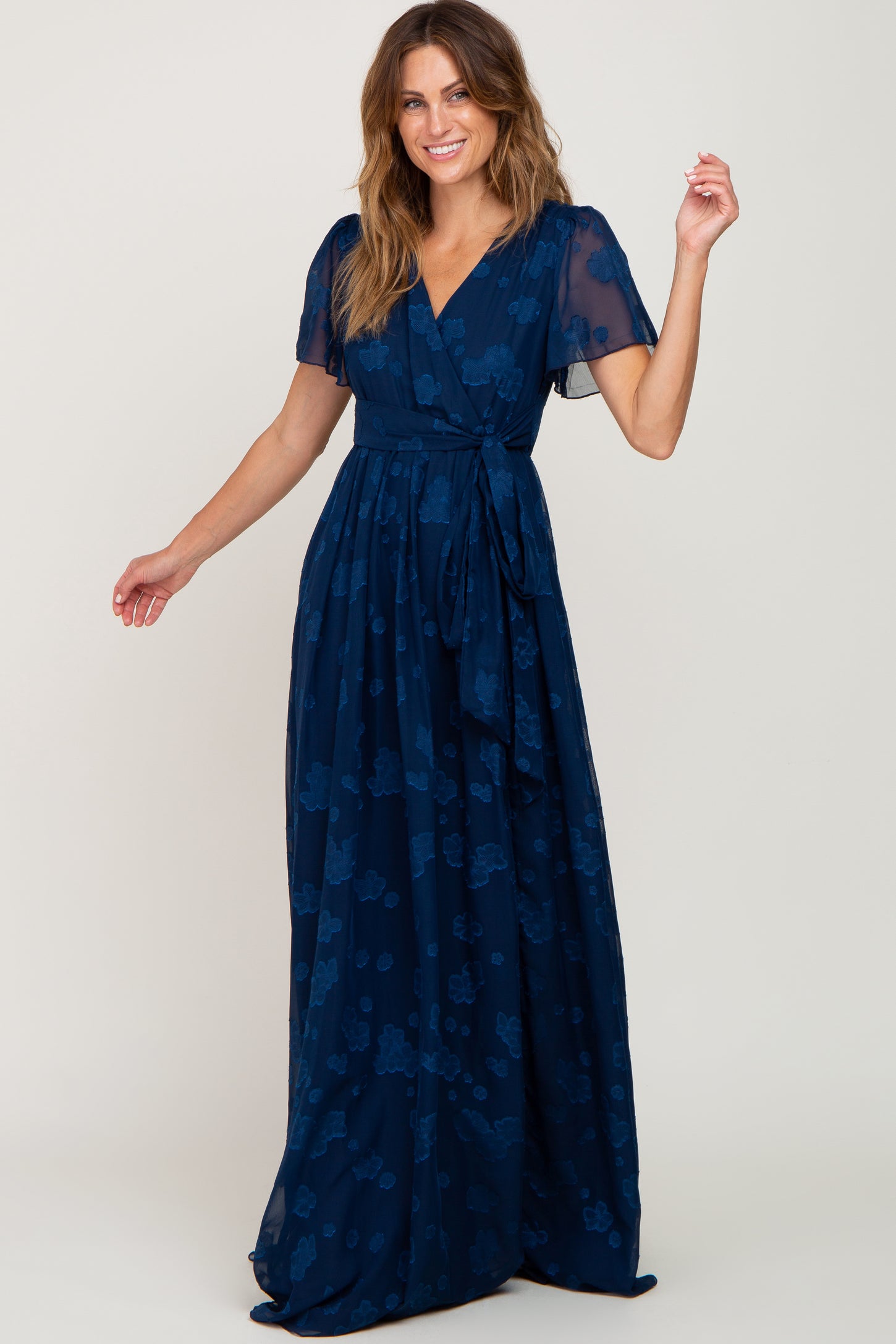 Navy Blue Floral Applique Chiffon Maxi Dress