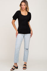 Black Ribbed Puff Sleeve Maternity Top