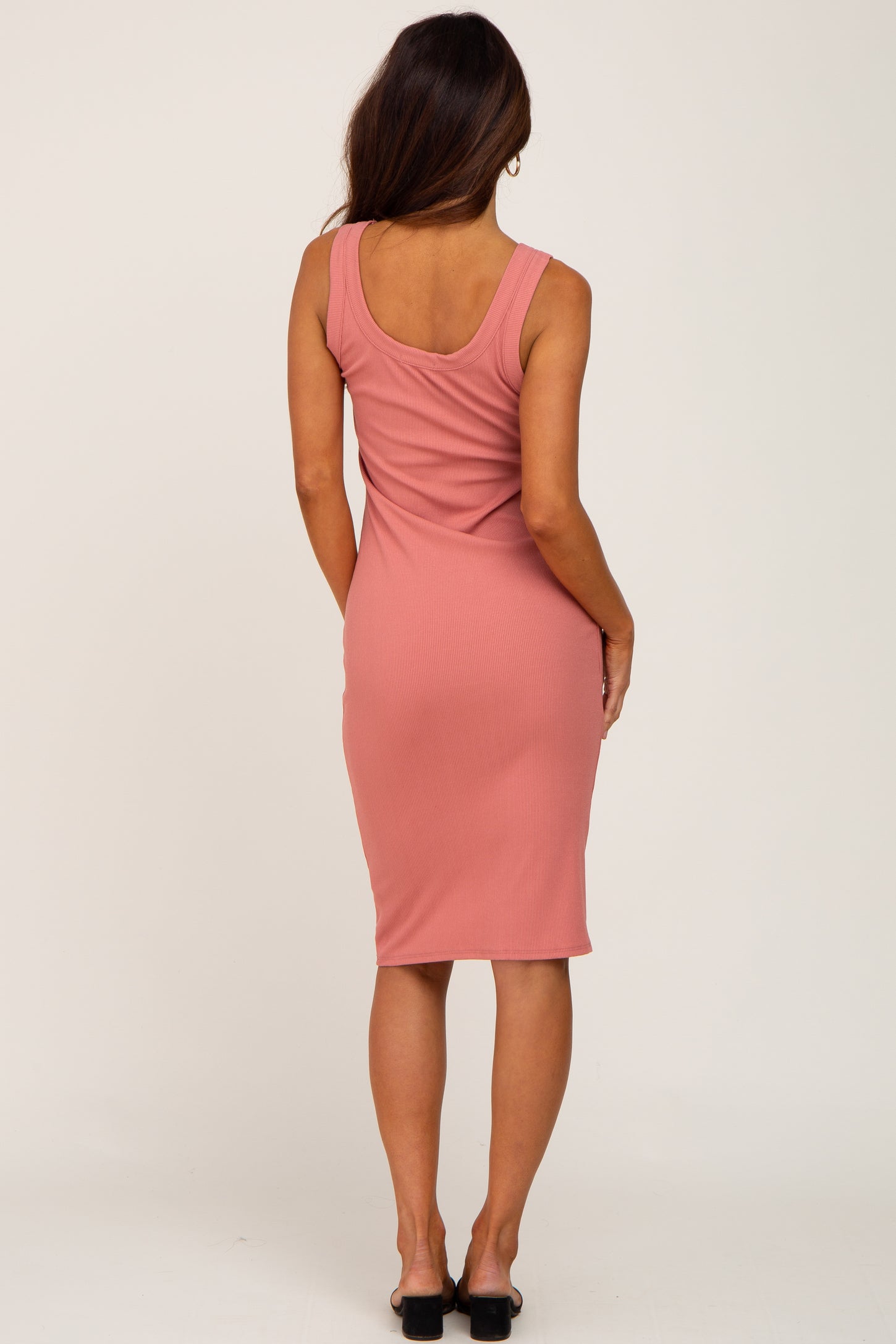 Salmon Ribbed Scoop Neck Sleeveless Midi Dress