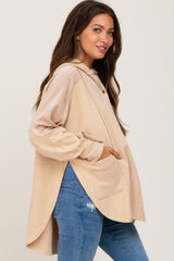 Beige Soft Mixed Knit Button Front Hooded Maternity Top