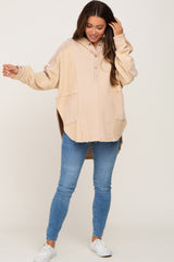 Beige Soft Mixed Knit Button Front Hooded Maternity Top