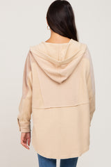 Beige Soft Mixed Knit Button Front Hooded Top