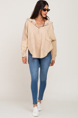 Beige Soft Mixed Knit Button Front Hooded Top