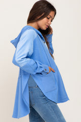 Light Blue Soft Mixed Knit Button Front Hooded Maternity Top