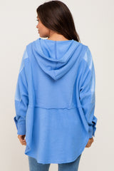 Light Blue Soft Mixed Knit Button Front Hooded Maternity Top