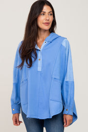 Light Blue Soft Mixed Knit Button Front Hooded Top