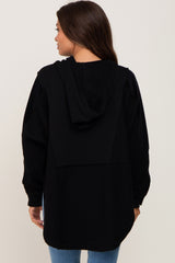 Black Soft Mixed Knit Button Front Hooded Maternity Top