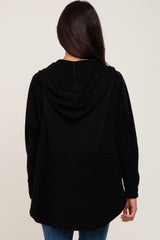 Black Soft Mixed Knit Button Front Hooded Top