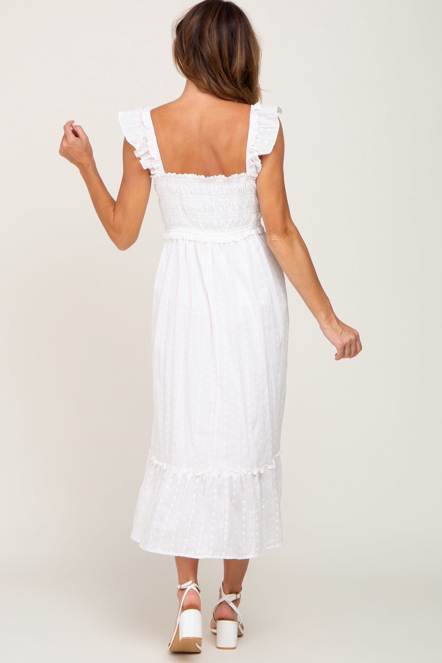 White Smocked Textured Midi Dress