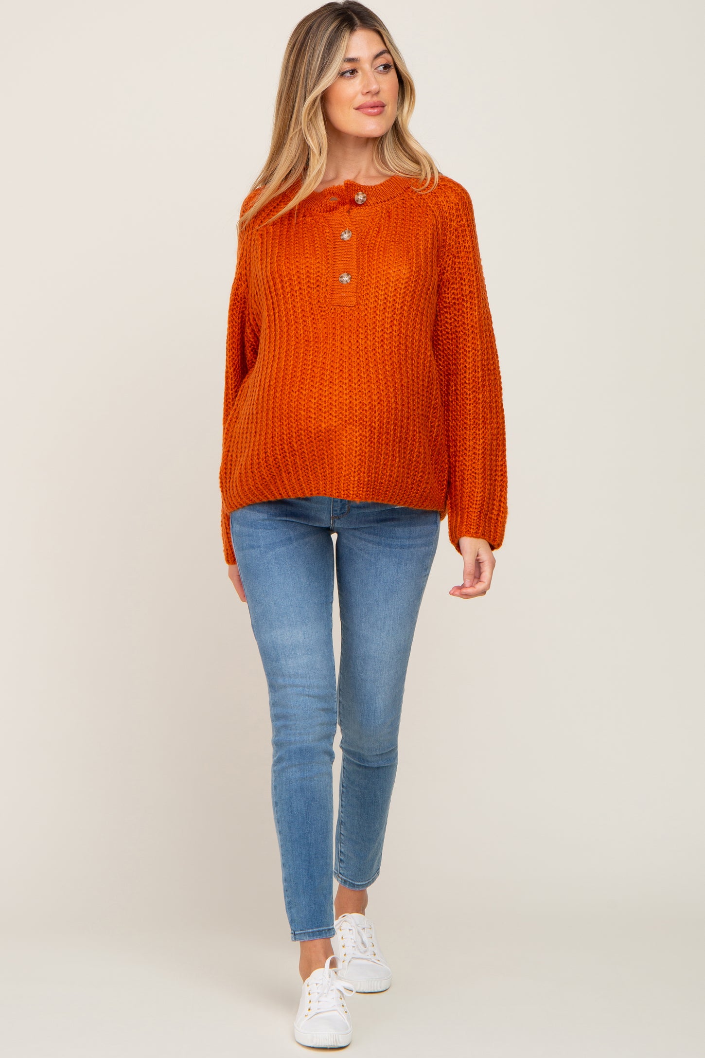Rust Open Knit Button Front Maternity Sweater