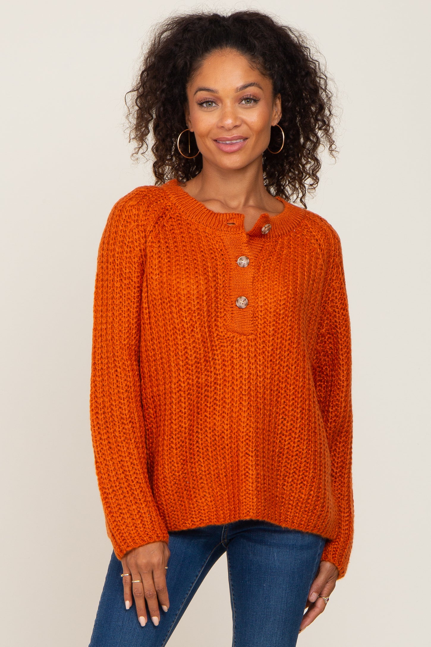 Rust Open Knit Button Front Maternity Sweater