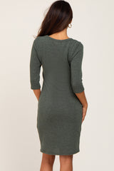 Olive Ribbed 3/4 Sleeve Dress