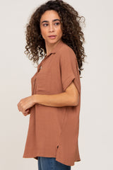 Camel Collared Button-Down Short Sleeve Blouse