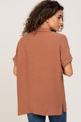 Camel Collared Button-Down Short Sleeve Blouse