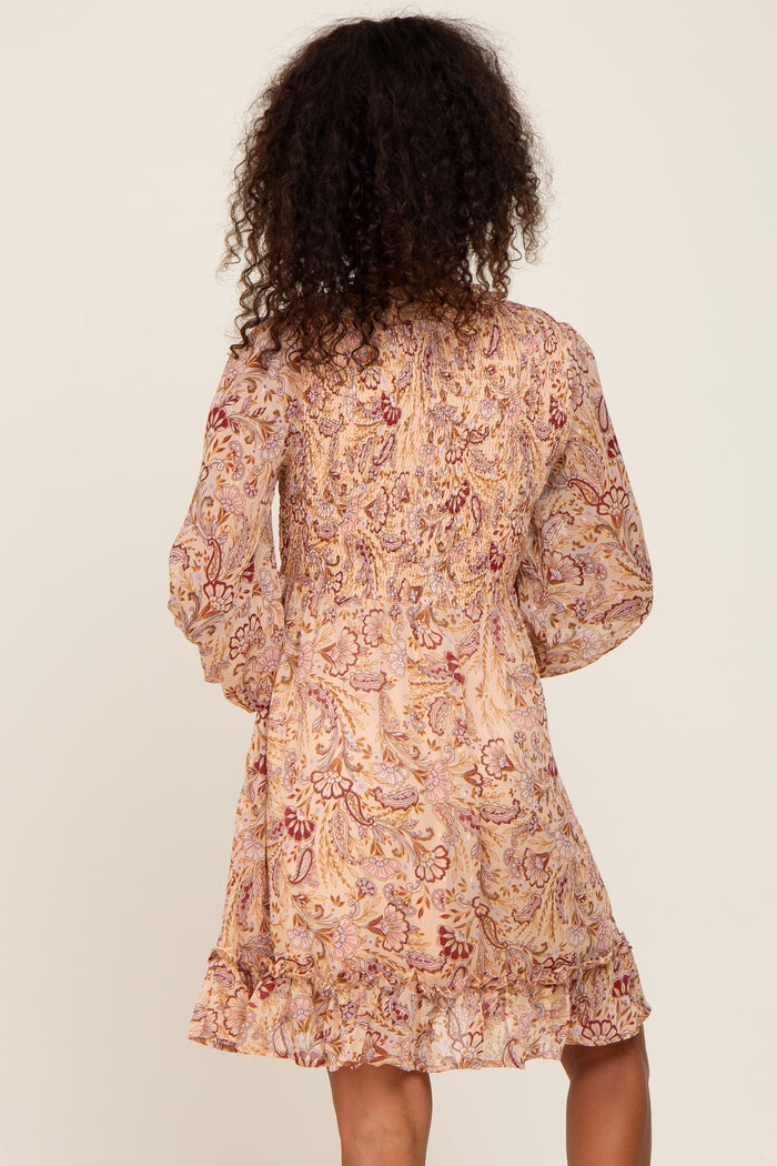 Taupe Paisley Print Long Sleeve Dress