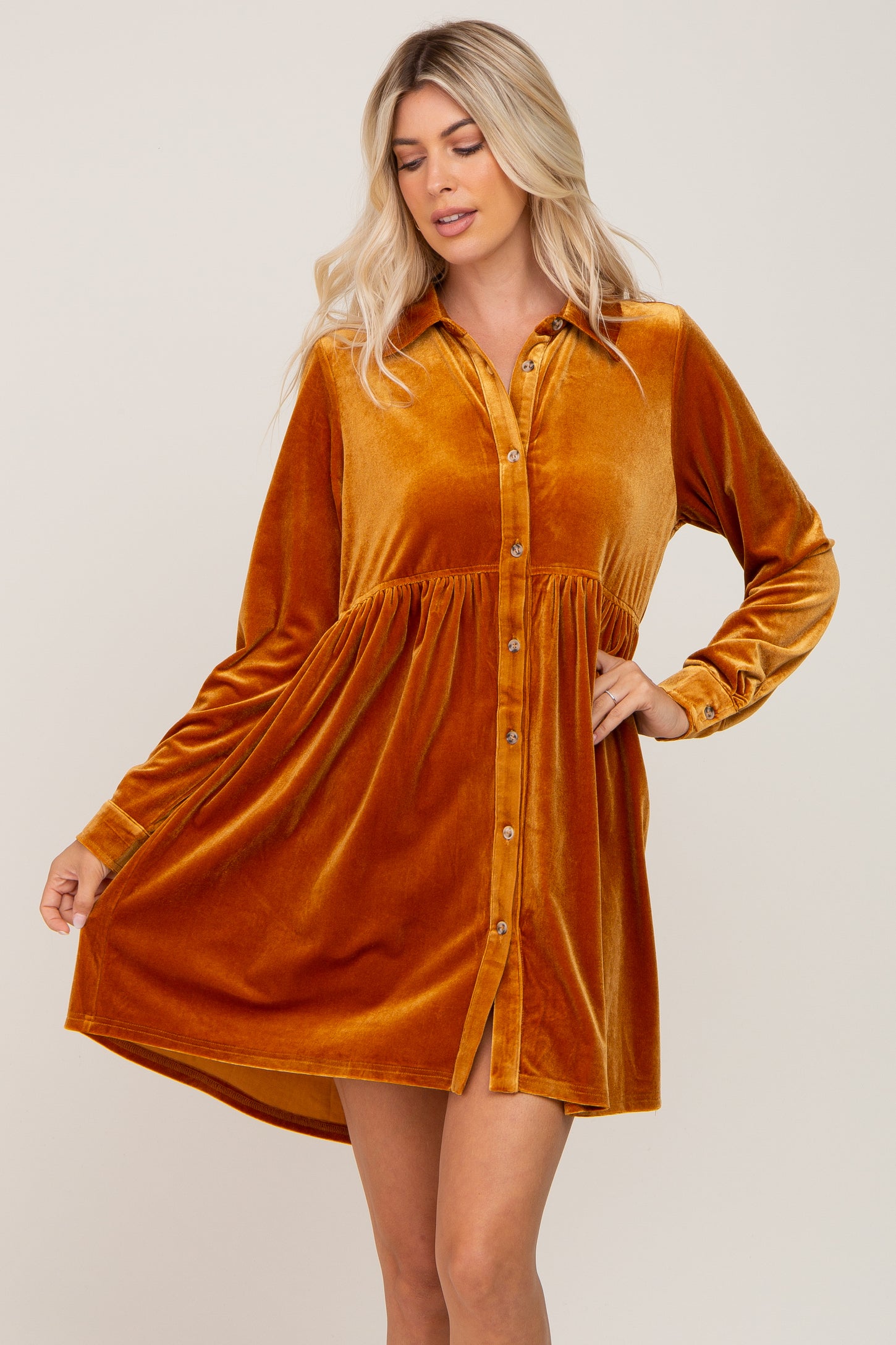 Dark Yellow Velvet Button Down Maternity Mini Dress