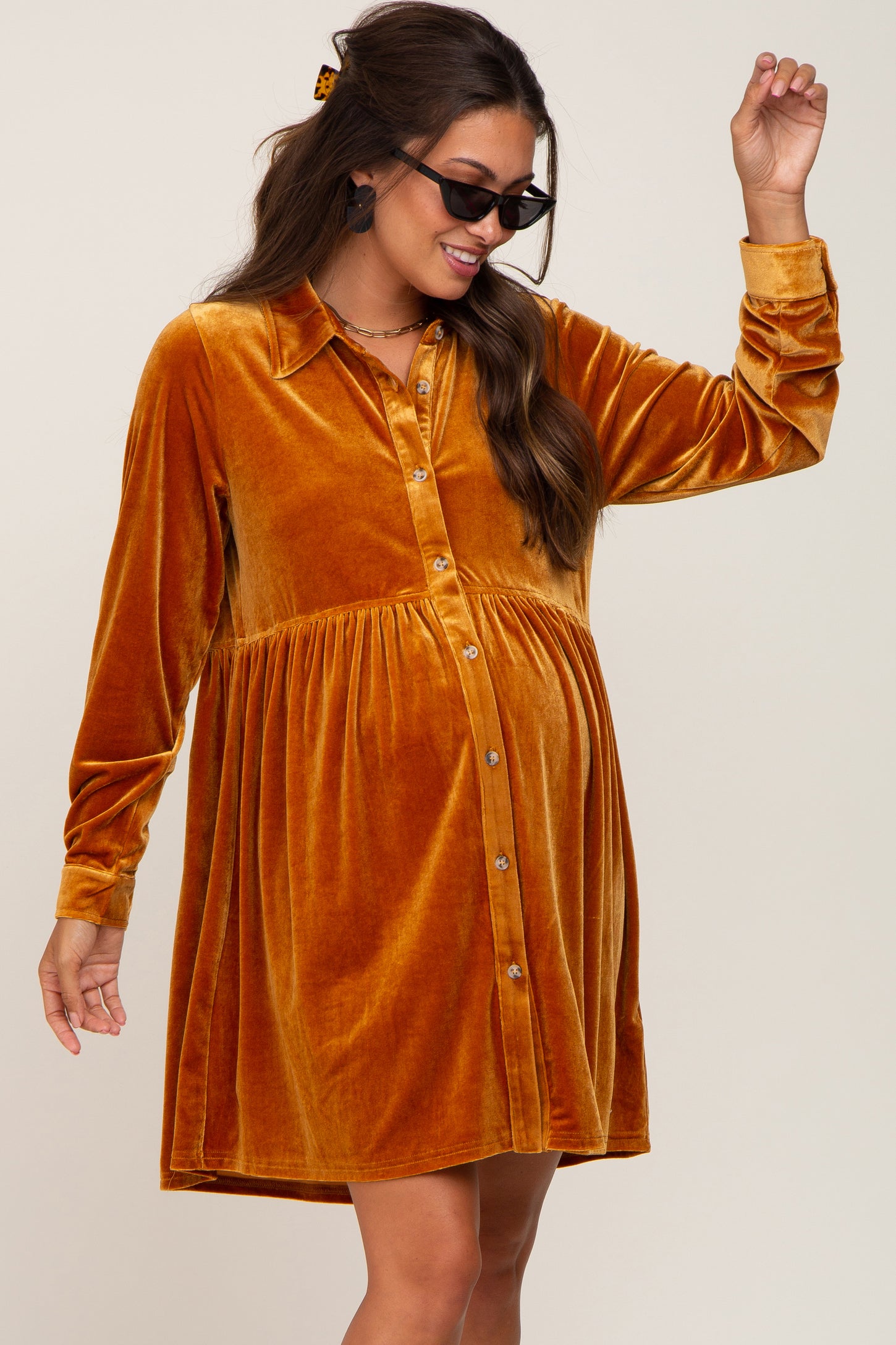 Dark Yellow Velvet Button Down Maternity Mini Dress
