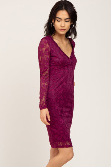 Plum Lace V-Neck Fitted Dress