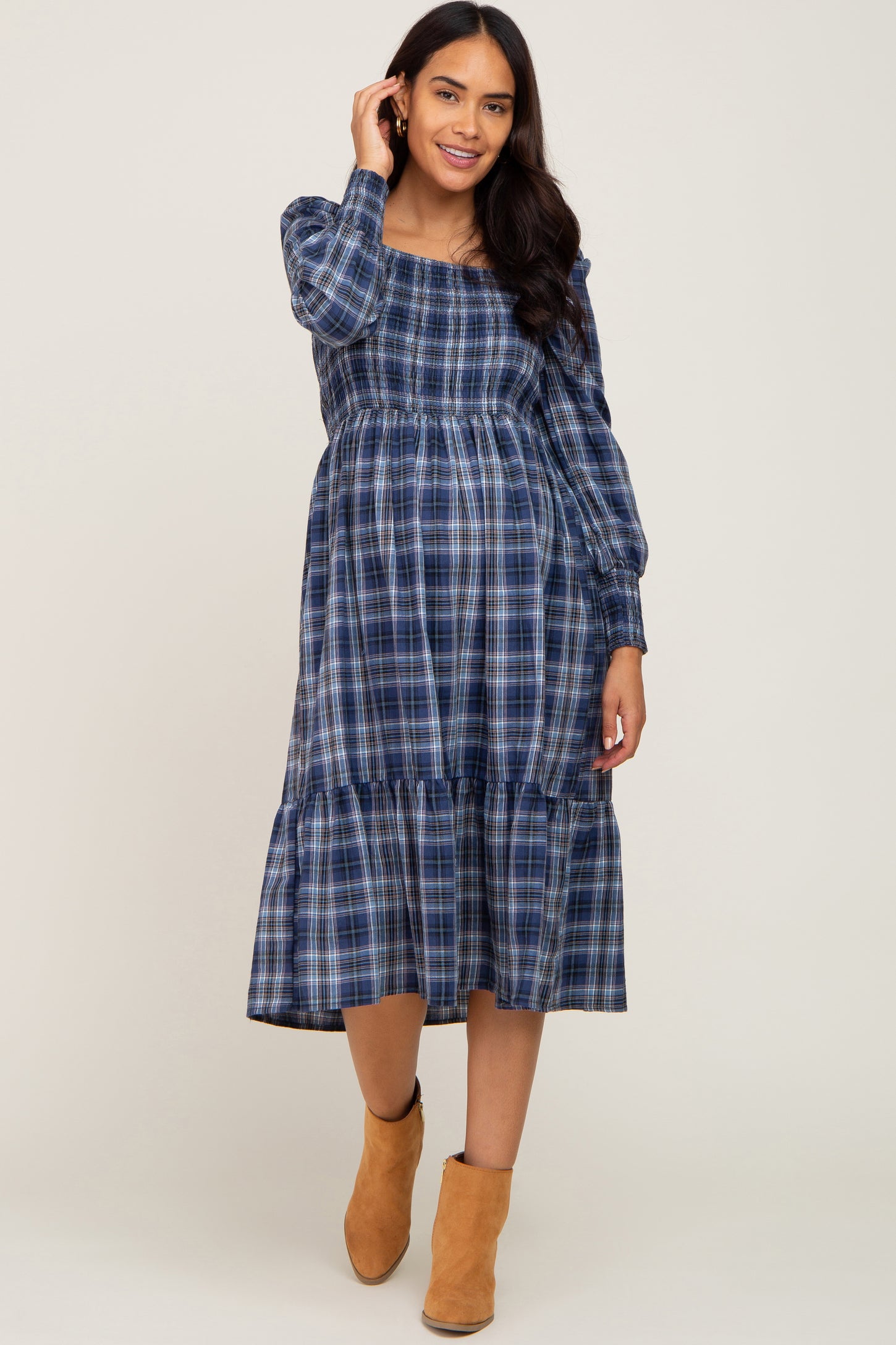 Navy Plaid Puff Sleeve Maternity Midi Dress