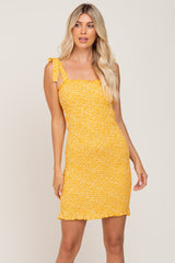 Yellow Floral Smocked Square Neck Tied Strap Maternity Dress