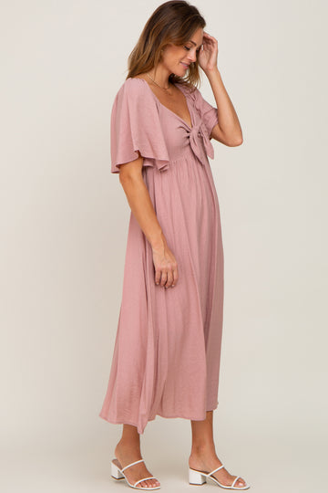 Mauve Front Tie Ruffle Sleeve Midi Dress