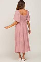 Mauve Front Tie Ruffle Sleeve Midi Dress