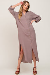 Taupe Button Down 3/4 Sleeve Midi Dress
