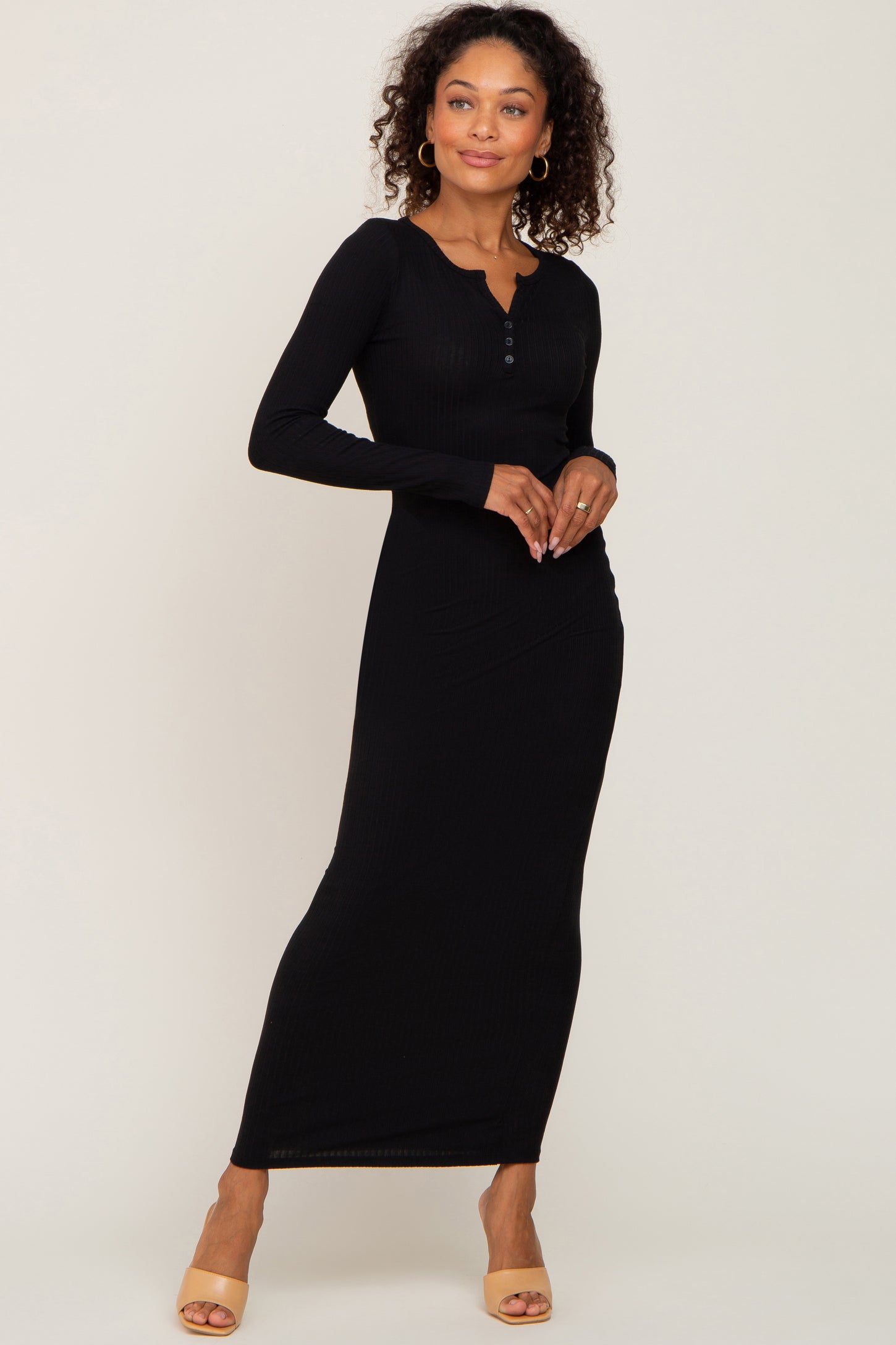 Black Ribbed Long Sleeve Maternity Maxi Dress