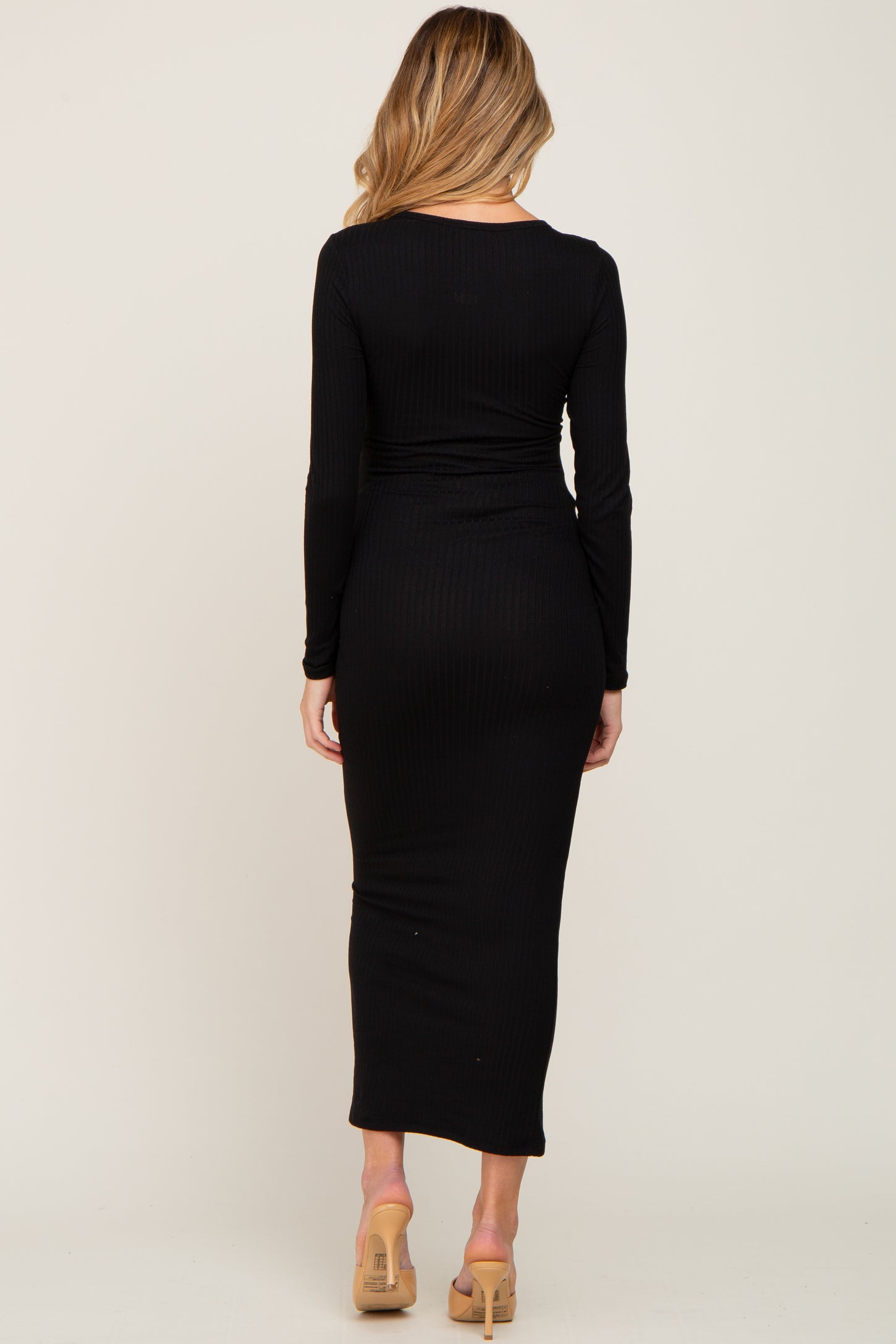 Black Ribbed Long Sleeve Maternity Maxi Dress