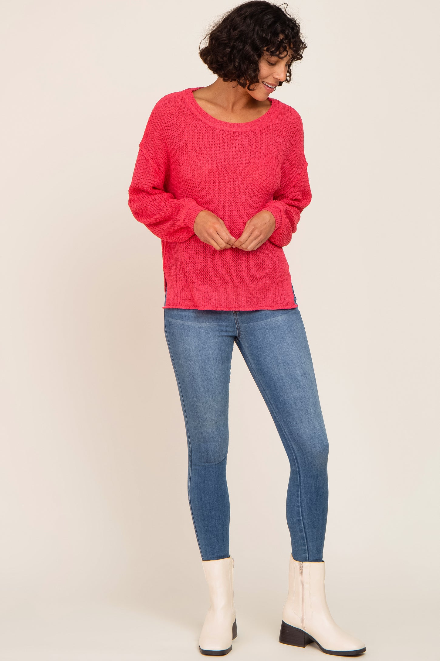 Fuchsia Basic Side Slit Sweater