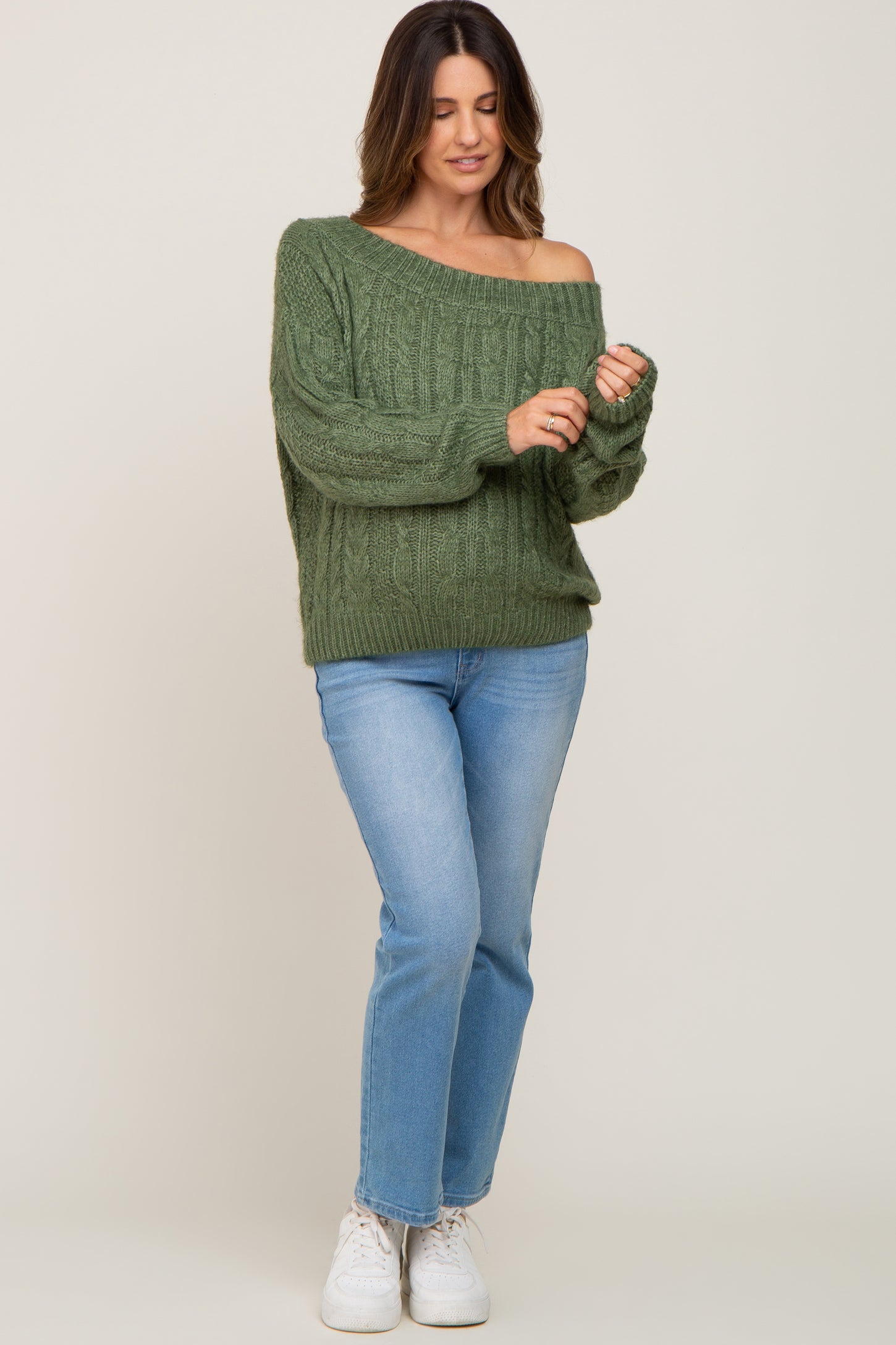 Olive Boat Neck Cable Knit Maternity Sweater