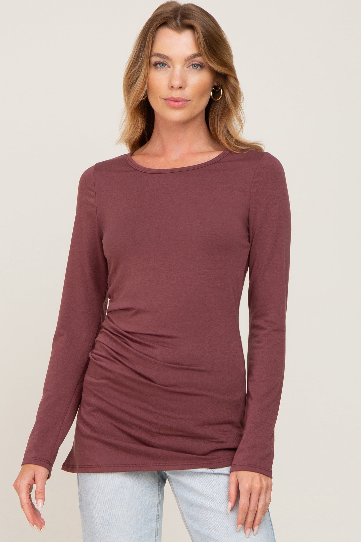Burgundy Ruched Side Long Sleeve Top