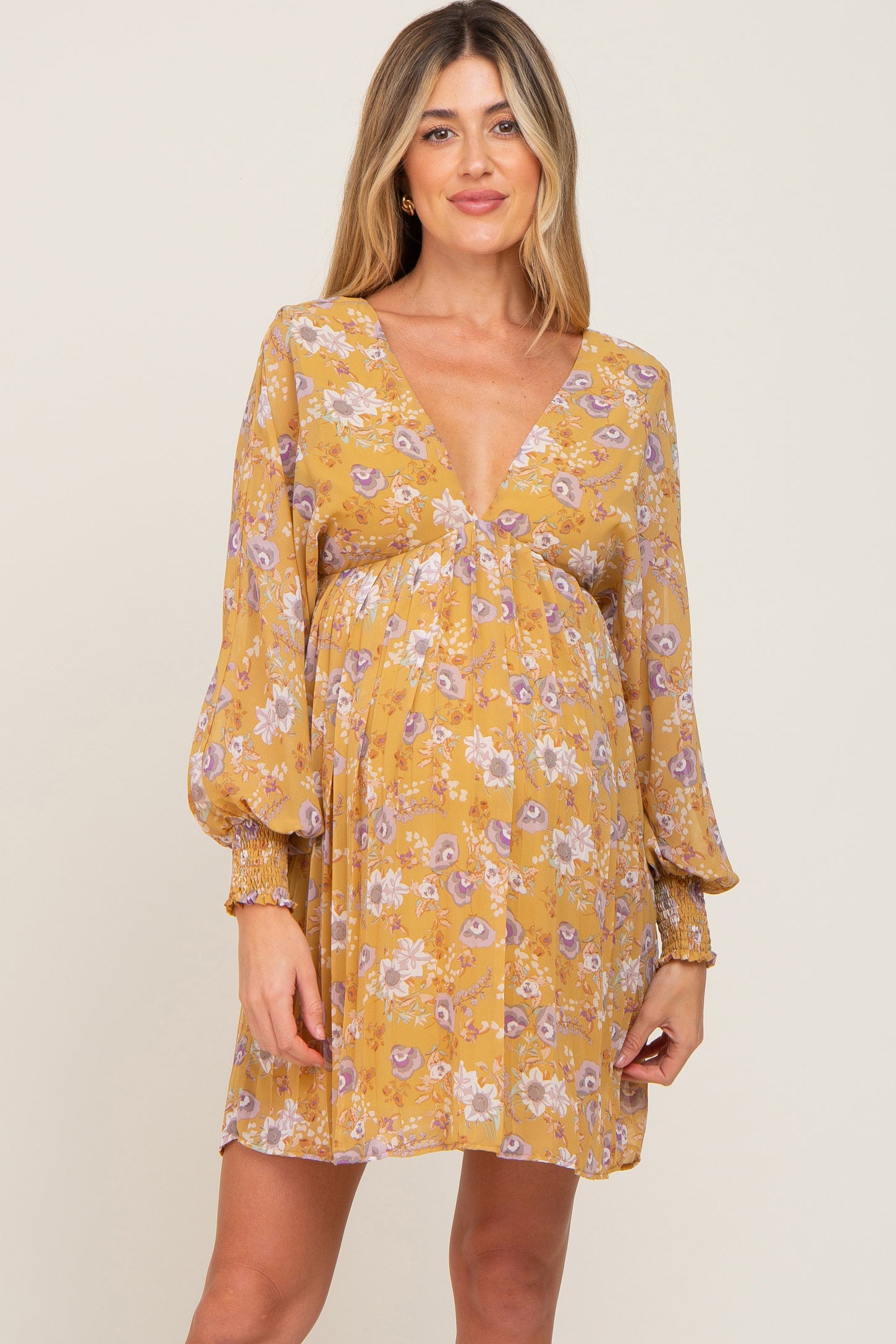 Yellow Floral Chiffon Pleated Long Sleeve Maternity Dress