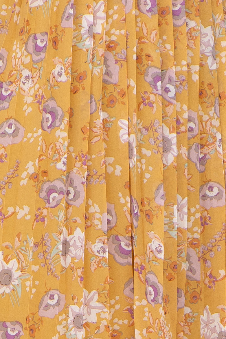 Yellow Floral Chiffon Pleated Long Sleeve Dress