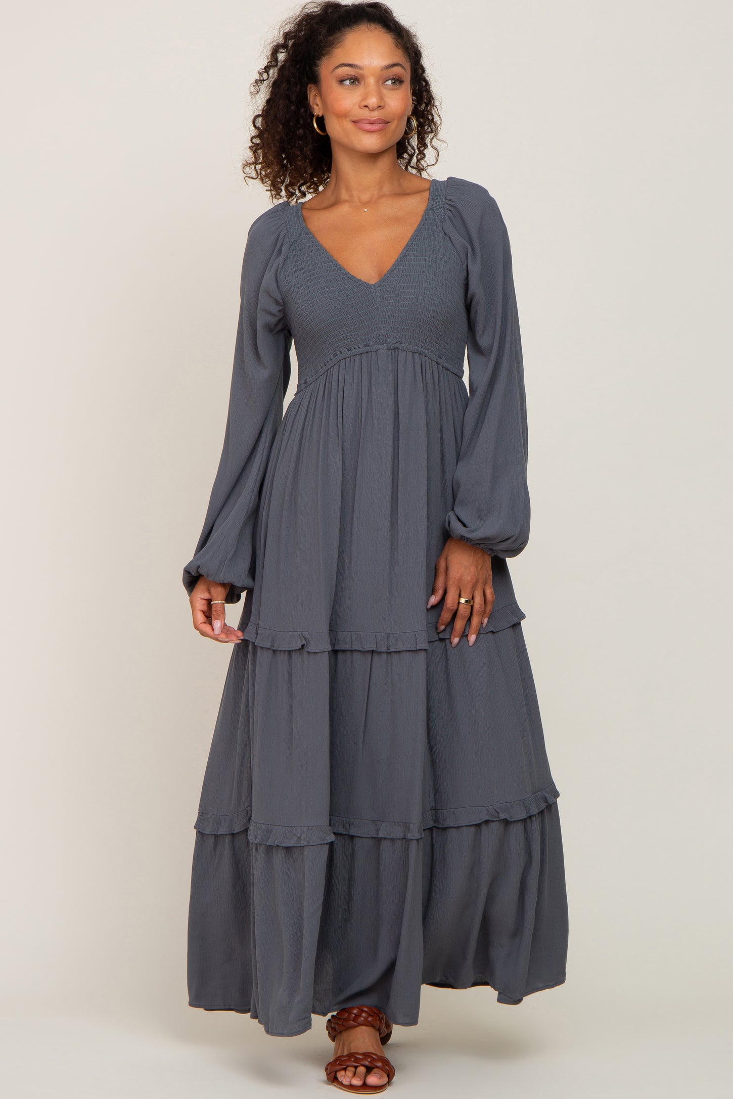 Charcoal Smocked Tiered Midi Dress