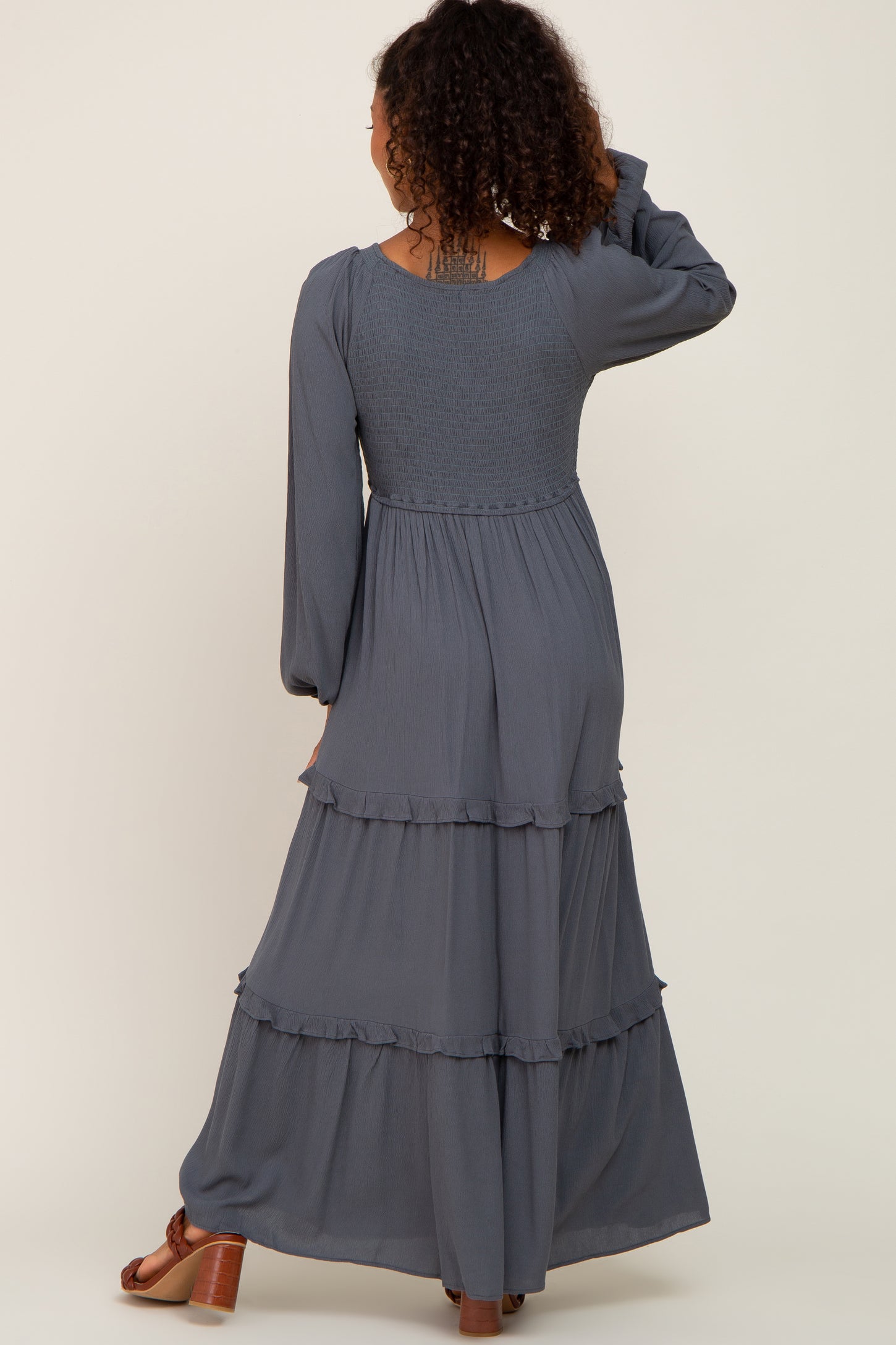 Charcoal Smocked Tiered Midi Dress