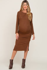 Brown Ribbed Ruched Fitted Maternity Midi Dress