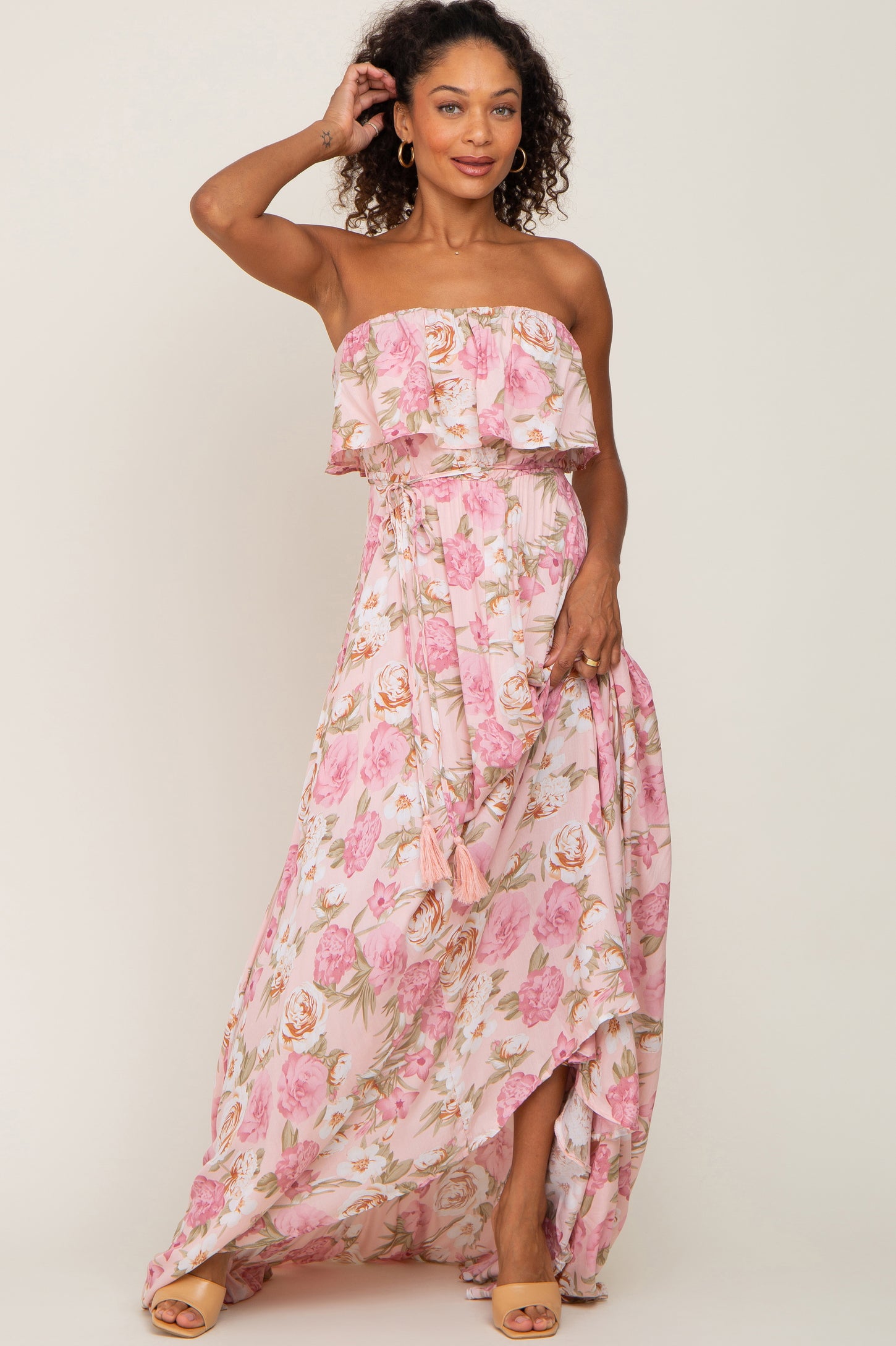 Light Pink Floral Strapless Ruffle Front Maternity Maxi Dress PinkBlush Light Pink Floral Strapless Ruffle Front Maternity Maxi Dress PinkBlush