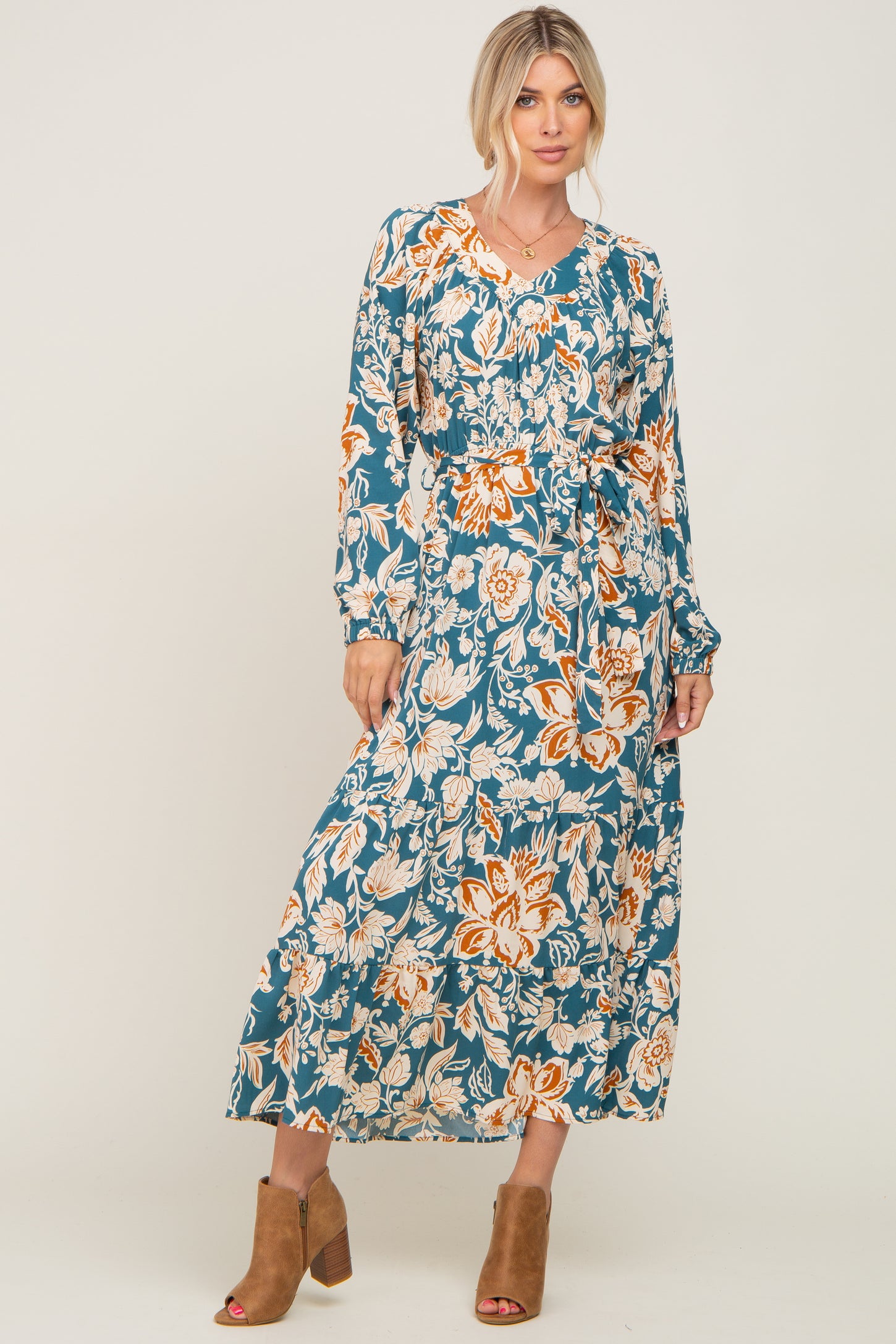 Teal Floral V-Neck Midi Dress