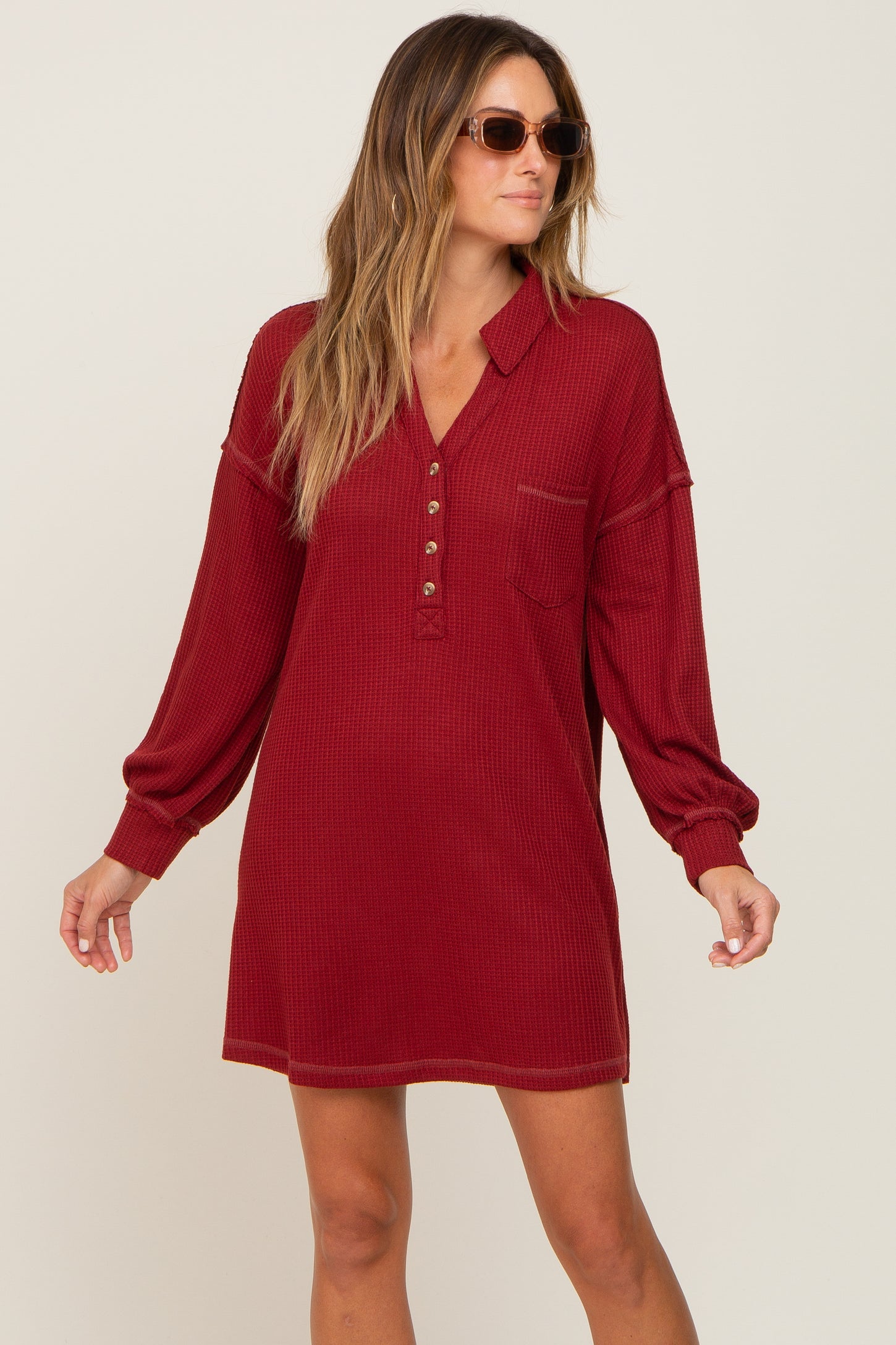 Burgundy Waffle Knit Collared Long Sleeve Maternity Dress