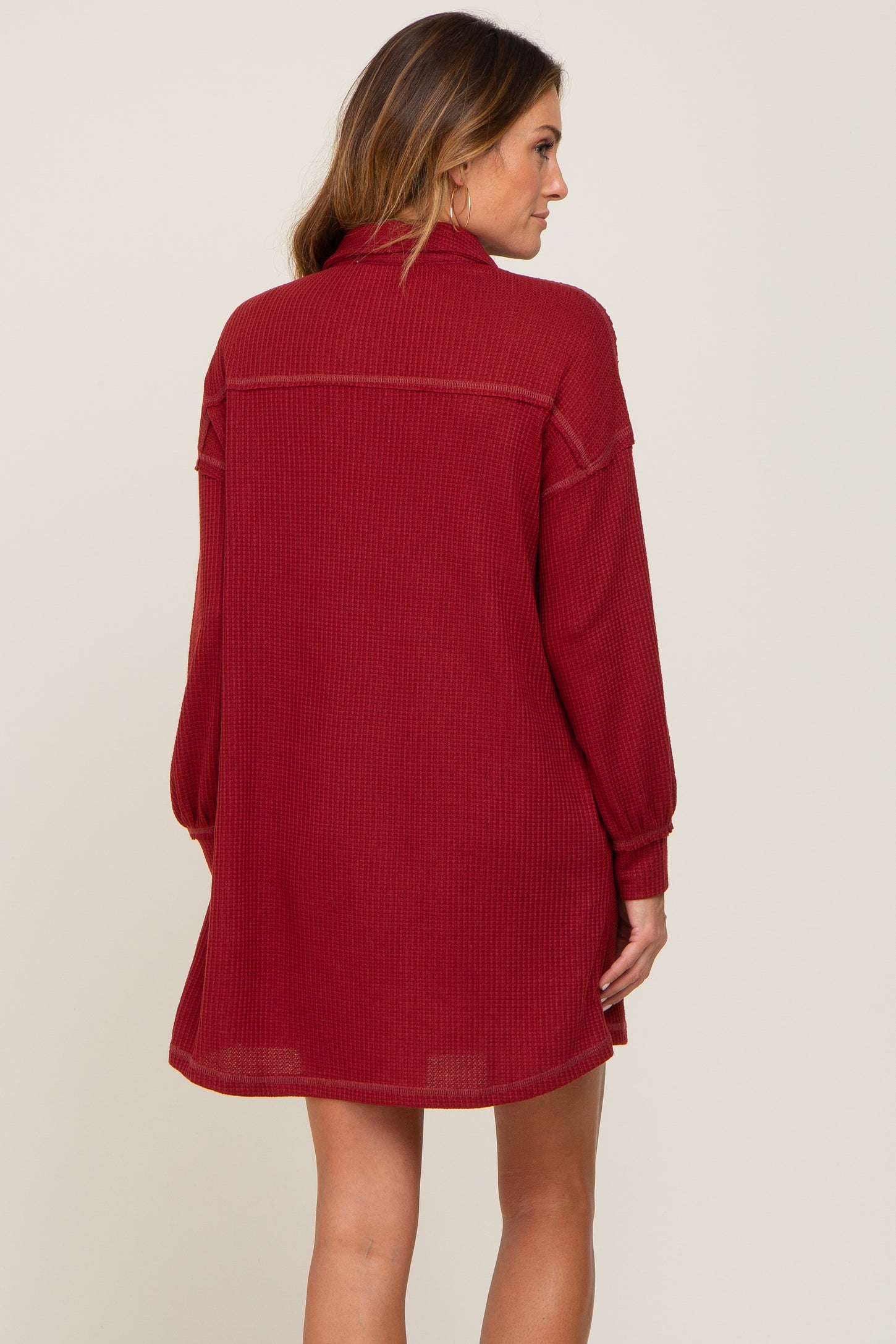 Burgundy Waffle Knit Collared Long Sleeve Dress