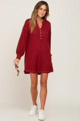 Burgundy Waffle Knit Collared Long Sleeve Dress