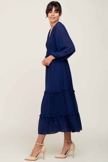 Navy Blue Smocked Tiered Dress