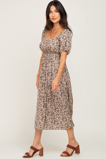 Grey Floral Puff Sleeve Midi Dress