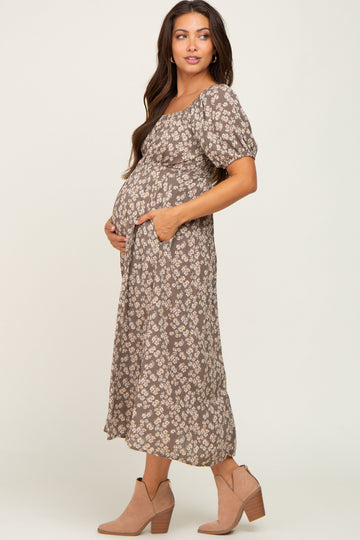 Grey Floral Puff Sleeve Maternity Midi Dress