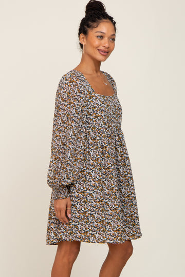 Black Floral Chiffon Balloon Sleeve Dress