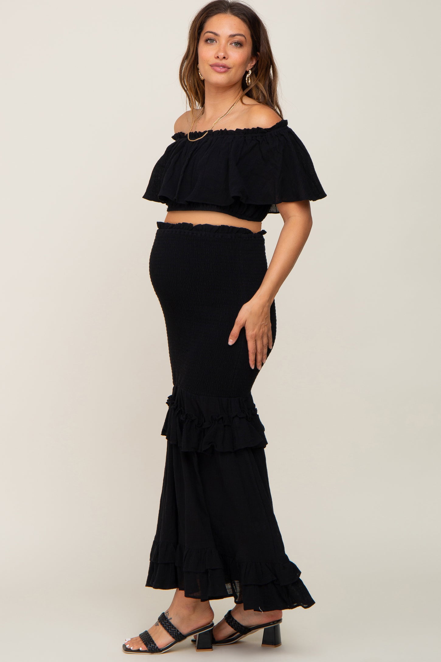 Black Linen Off Shoulder Top and Smocked Tiered Skirt Maternity Set