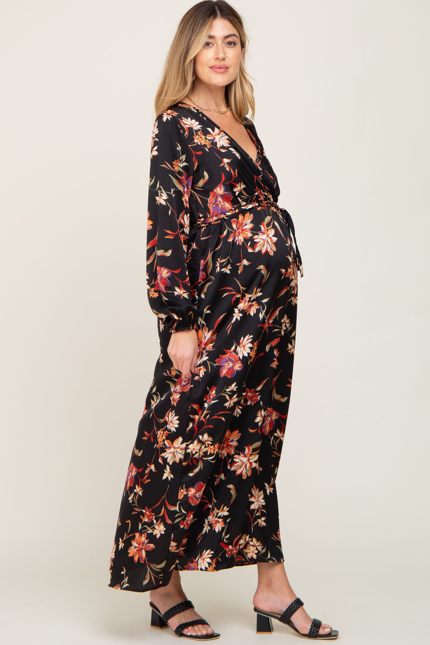 Black Floral Wrap Maternity Maxi Dress