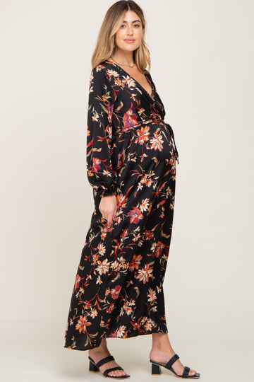 Black Floral Wrap Maternity Maxi Dress